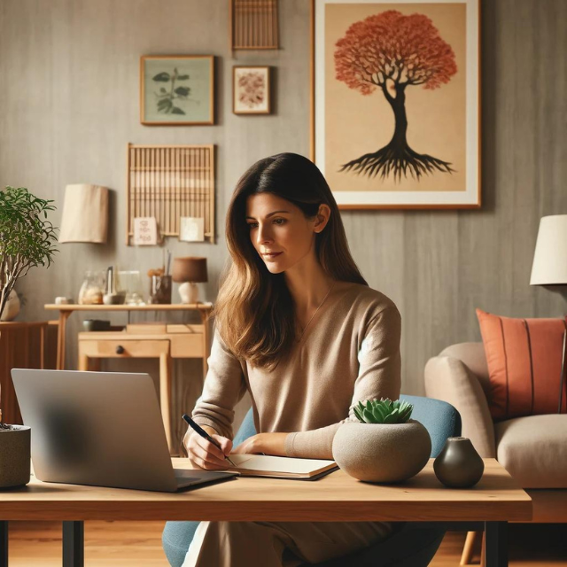 Une personne est assise à un bureau avec un ordinateur portable et un ordinateur portable dans une pièce bien décorée, comportant des plantes, des œuvres d'art et des objets décoratifs qui favorisent le bien-être mental, reflétant une ambiance d'expatriation.