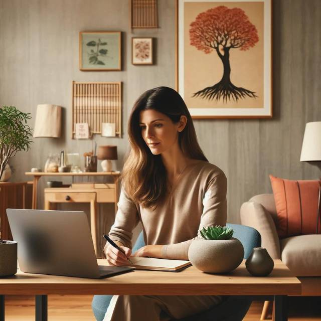 A person is seated at a desk with a laptop in a well-decorated room, featuring plants, artworks, and decorative items that promote mental well-being, reflecting an expatriate ambiance.